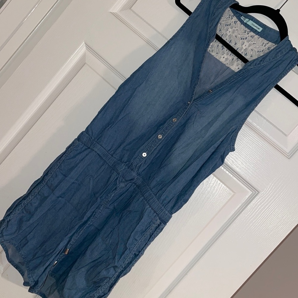 Maurices Blue Denim Romper with Lace Back